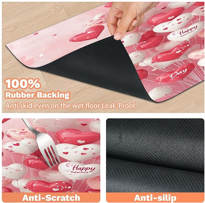 Valentine’s Day Dog Food Mat for Floors Absorbent, Quick Dry Water Dispenser Mat for Food, Water, Pet Supplies 24" x 32", Love Heart Balloons