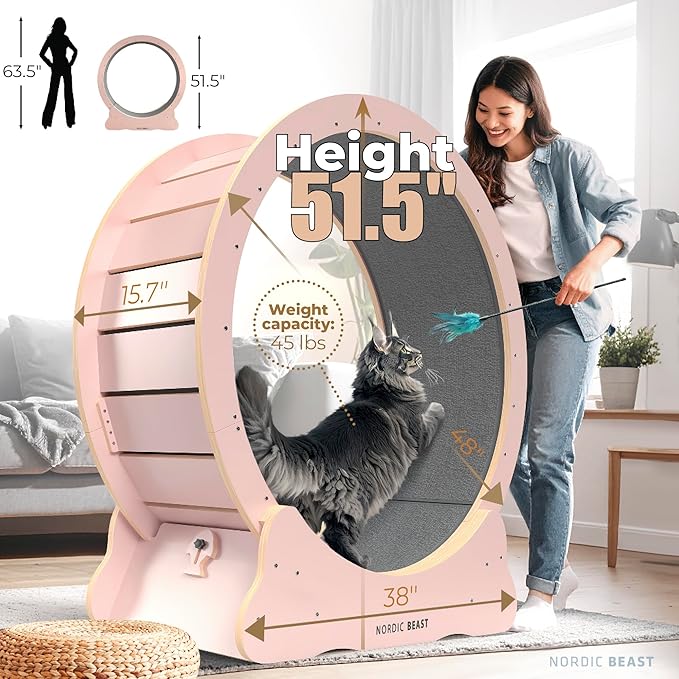 Pink 48'' XL Cat Wheel – Safe, Quiet & Stable Exercise Wheel for Large Indoor Cats up to 45 lbs – 15.7'' Extra-Wide Surface Fits 2 Cats Side by Side & Prevents Wobbling, 1-Year Warranty