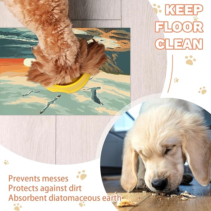 Beach Coastal Dog Food Mat for Floors Absorbent, Quick Dry Water Dispenser Mat for Food, Water, Pet Supplies 24" x 32", Ocean Landscape