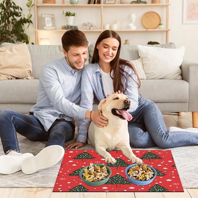 Xmas Trees Dog Food Mat for Floors Absorbent, Quick Dry Water Dispenser Mat for Food, Water, Pet Supplies 12" x 20", Winter Snowflake