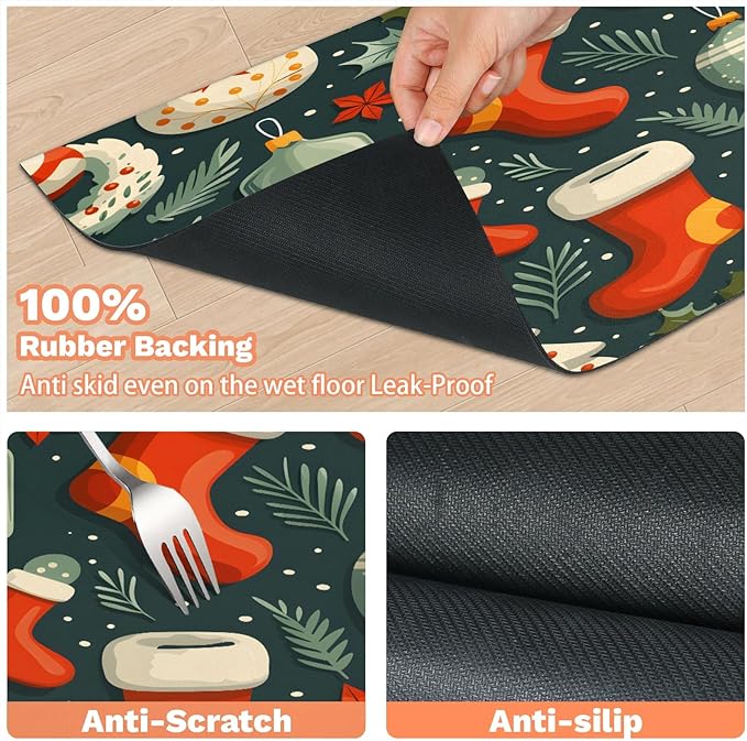 Christmas Sock Dog Food Mat for Floors Absorbent, Quick Dry Water Dispenser Mat for Food, Water, Pet Supplies 17" x 30", Xmas Tree