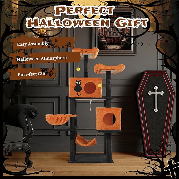 61" Halloween Cat Tree, Large Cat Tower with 2 Spacious Cat Condos, 2 Padded Perches, 2 Hammocks, Scratching Posts, Hanging Toy, Multi-Level Cat Activities Furniture for Large Cats (58 * 44 * 155CM)