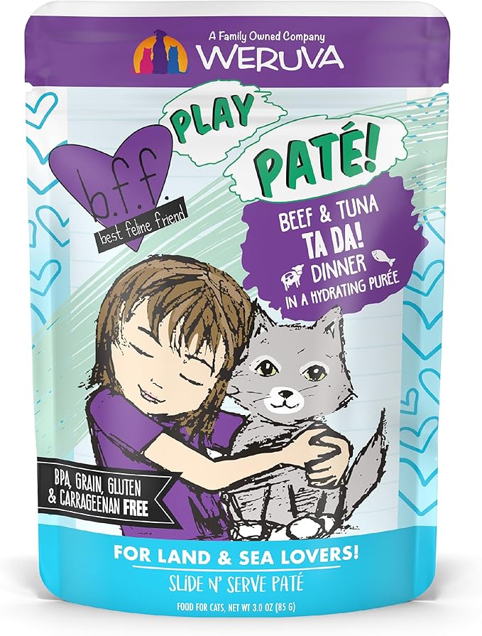 Weruva B.F.F. Play - Best Feline Friend Paté Lovers, Aw Yeah!, Beef & Tuna Ta Da! with Beef & Tuna, 3oz Pouch (Pack of 12)