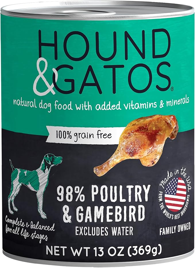 Hound & Gatos Wet Dog Food, 98% Gamebird Poultry, case of 12, 13 oz cans