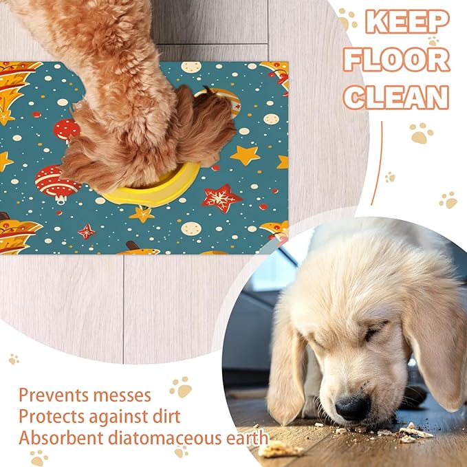 Christmas Tree Dog Food Mat for Floors Absorbent, Quick Dry Water Dispenser Mat for Food, Water, Pet Supplies 16" x 24", Xmas Ball