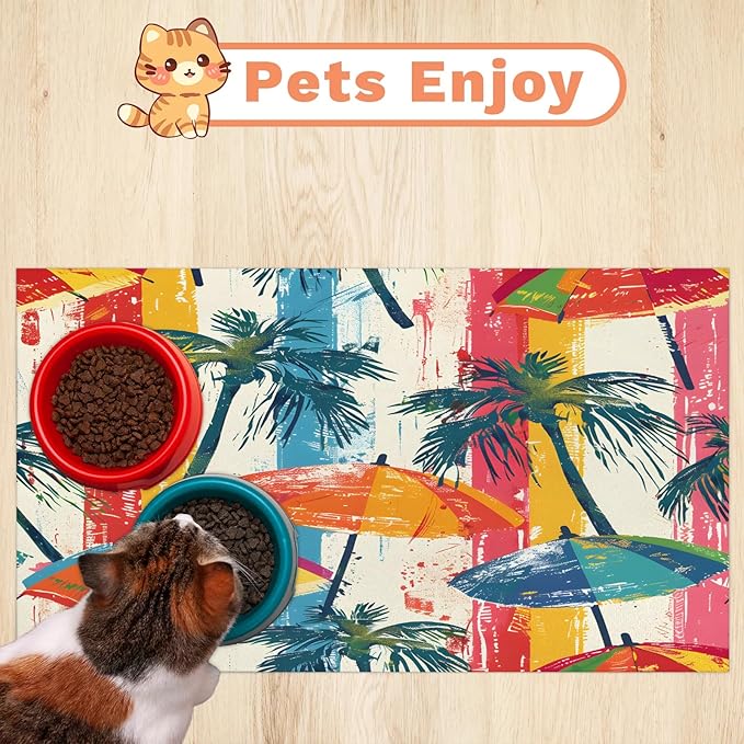 Palm Tree Dog Food Mat for Floors Absorbent, Quick Dry Water Dispenser Mat for Food, Water, Pet Supplies 24" x 32", Summer Tropical