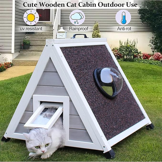 Deblue Weatherproof Cat House for Feral Cats, Outdoor Cat House for Small Cats, Unique Wooden Cat Shelter with Escape Door, Clear Window Fits for Small Pets - Grey