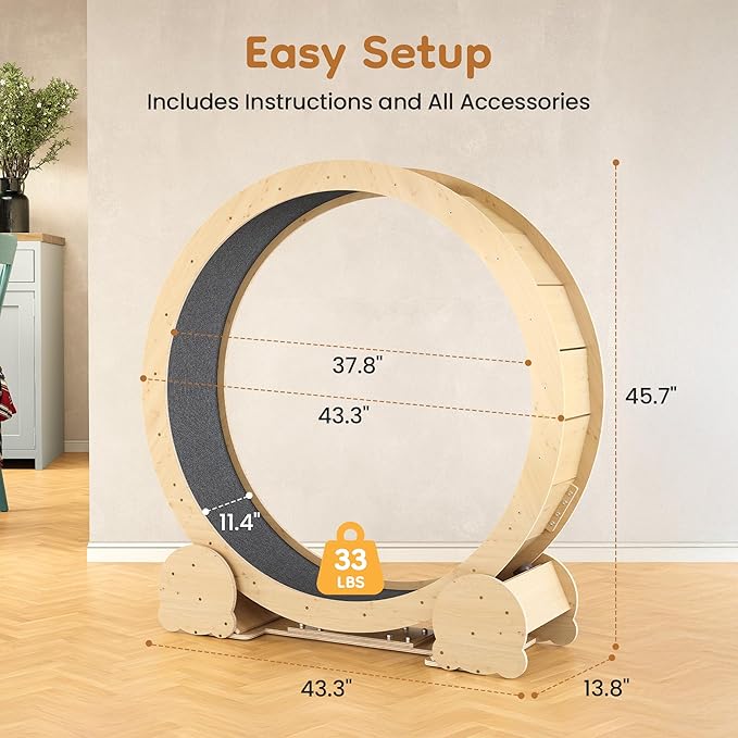 Cat Wheel for Indoor Cats, 46" Large Cat Exercise Wheel with Detachable Carpet, Silent Cat Treadmill with Safety Lock for Small & Adult Cats, Quiet for Nighttime Use, Natural Wood Color