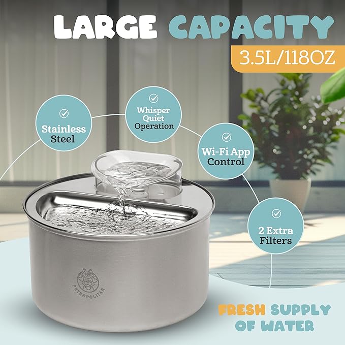 Smart Stainless Steel Cat Water Fountain – 3.5L/118oz Automatic Pet Water Dispenser for Cats & Dogs, Wi-Fi App Control, Ultra-Quiet Pump, 2 Extra Filters, Indoor Cat Fountain for Drinking