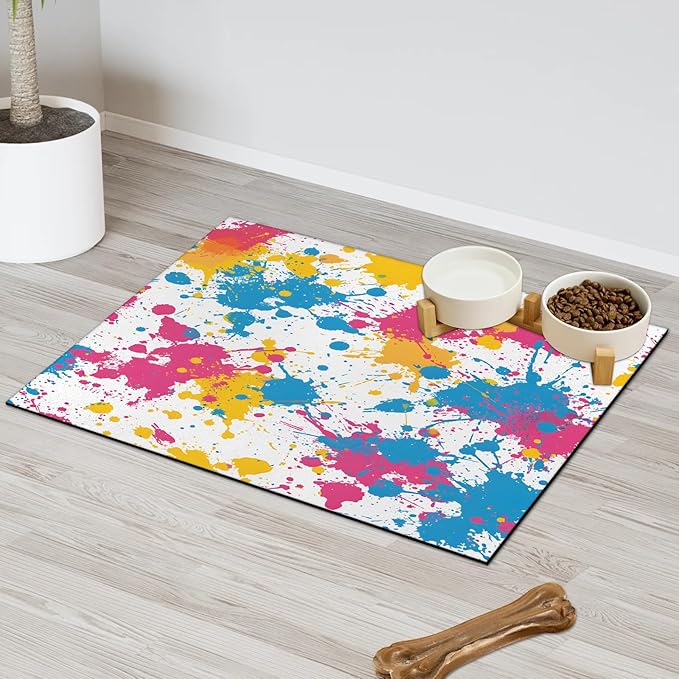 Colorful Graffiti Dog Food Mat for Floors Absorbent Dog Bowl Mat for Food and Water Dispenser Quick Dry Cat Food Placemat Pet Supplies 16" x 24", Abstract
