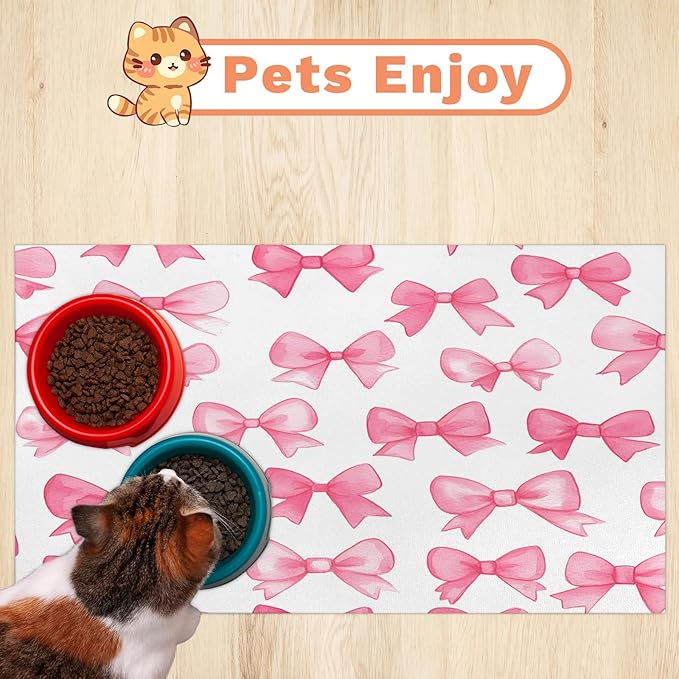 Pink Bows Dog Food Mat for Floors Absorbent, Quick Dry Water Dispenser Mat for Food, Water, Pet Supplies 16" x 24", Cute Bowknot