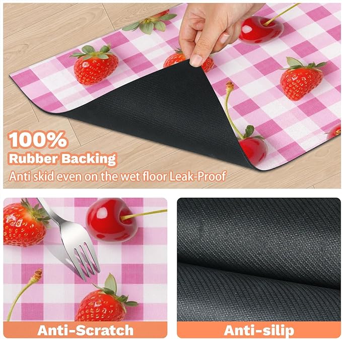 Red Strawberry Dog Food Mat for Floors Absorbent Dog Bowl Mat for Food and Water Dispenser Quick Dry Cat Food Placemat Pet Supplies 12" x 20", Buffalo Check