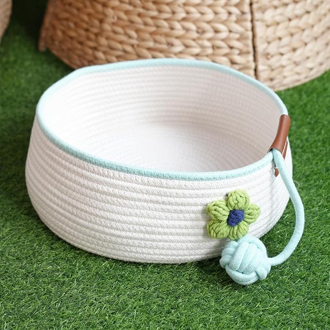 Natural Cat Bed Cotton Rope Woven for All Seasons Cat Nest Basket Washable,Cute Green Flower Decor,Cozy Kitten Mat Scratcher Round Shape for Indoor(White)