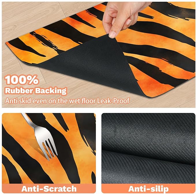 Tiger Print Dog Food Mat for Floors Absorbent Dog Bowl Mat for Food and Water Dispenser Quick Dry Cat Food Placemat Pet Supplies 12" x 20", Orange Leopard