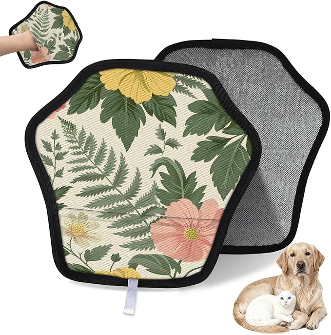 Reusable Pet Hair Removal Glove Tropical Flowers Leaves Magic Brush for Cat & Dog Hair Remover for Car, Sofa, Bedding, Clothes - 9x9 Mitt Washable