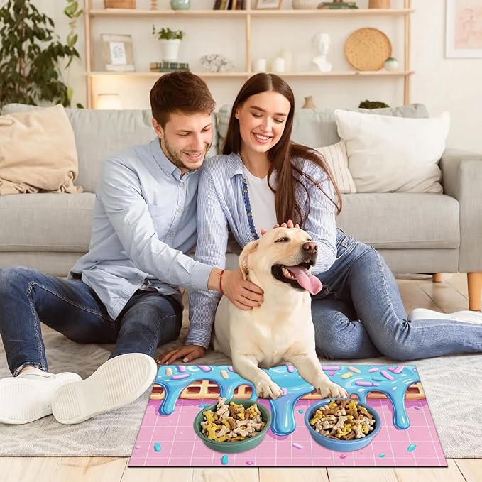 Ice Cream Dog Food Mat for Floors Absorbent Dog Bowl Mat for Food and Water Dispenser Quick Dry Cat Food Placemat Pet Supplies 24" x 32", Pink Blue