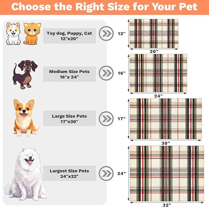 Tartan Plaids Dog Food Mat for Floors Absorbent, Quick Dry Water Dispenser Mat for Food, Water, Pet Supplies 24" x 32", Green White Check