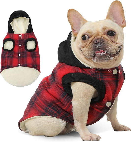 Fleece Lining Dog Hoodie for Medium Dogs Extra Warm Plaid Sweater with Drawstring Hooded Coats in Winter Puppy Jacket,Red L