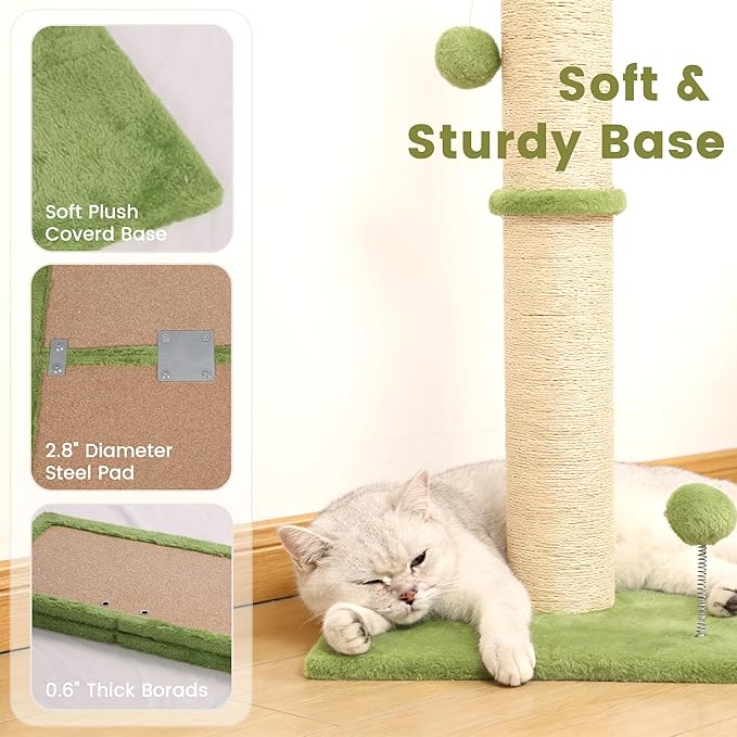 33" Tall Cat Scratching Post, 3-in-1 Durable Sisal Vertical Cat Scratcher Post with Hanging Ball, Soft Fabric Stable Base Cat Scratch Pole for Indoor Cats and Adult, Green
