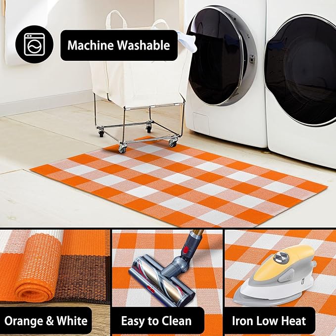 KOZYFLY Buffalo Plaid Rug 3x5 Ft Orange and White Checke Orange Rug Halloween Fall Door Mat Woven Cotton Washable Area Rugs Door Mat Outdoor Entrance for Front Porch Entryway Fall Farmhouse