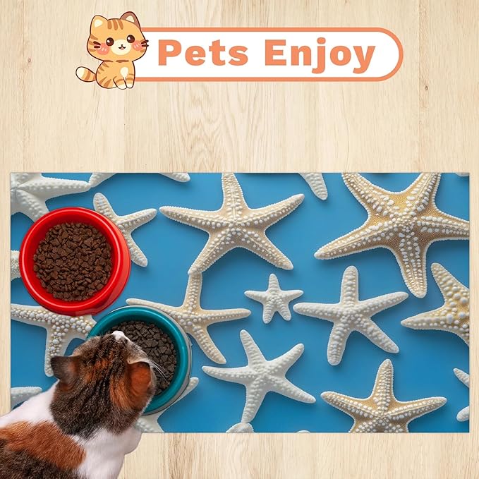 Starfish Dog Food Mat for Floors Absorbent Dog Bowl Mat for Food and Water Dispenser Quick Dry Cat Food Placemat Pet Supplies 17" x 30", Blue Ocean Sea