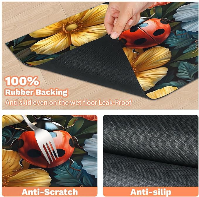 Ladybird Dog Food Mat for Floors Absorbent, Quick Dry Water Dispenser Mat for Food, Water, Pet Supplies 12" x 20", Spring Flower