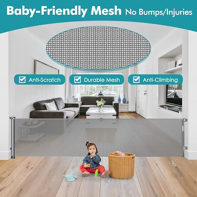 140 Inch Extra Wide Retractable Baby Gate Extra Long Dog Gate Indoor Outdoor Retractable Gate, Mesh Baby Gate Retractable Pet Gate for Large Openings, Large Dog Gate Retractable Gates for Dogs, Gray