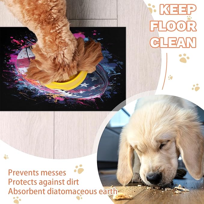Rugby American Flag Dog Food Mat for Floors Absorbent, Quick Dry Water Dispenser Mat for Food, Water, Pet Supplies 16" x 24", 4th of July