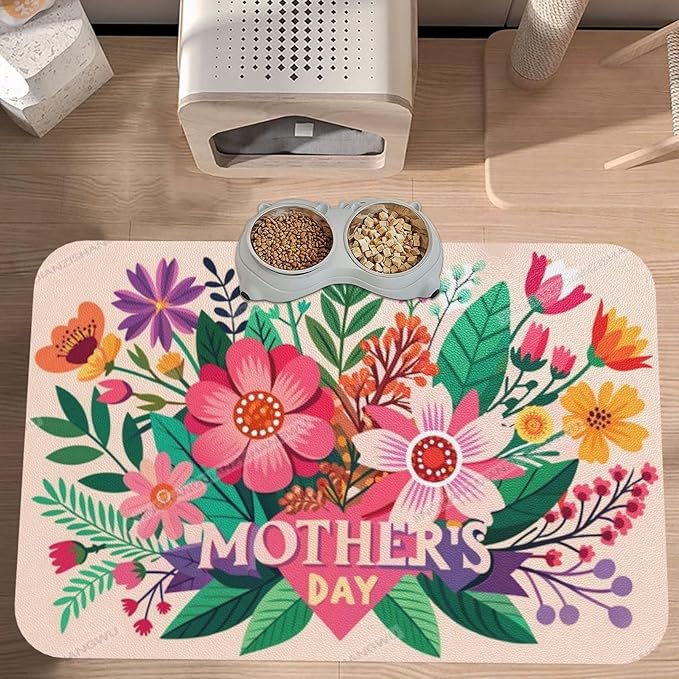 Pet Feeding Mat for Floors Waterproof Dog Mat for Food and Water Happy Mother's Day Floral Gift Mom Ko Absorbent Quick Dry Non Slip Mats Cat Bowls 18X12In