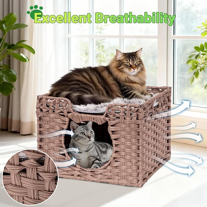Handwoven Rattan Cat House w/ 2 Cushions, Wicker Cat Bed Indoor Kitten House, Waterproof & Foldable Pet Cube Bed, Brown, 16.5”L x 16.5”W x 12.6”H