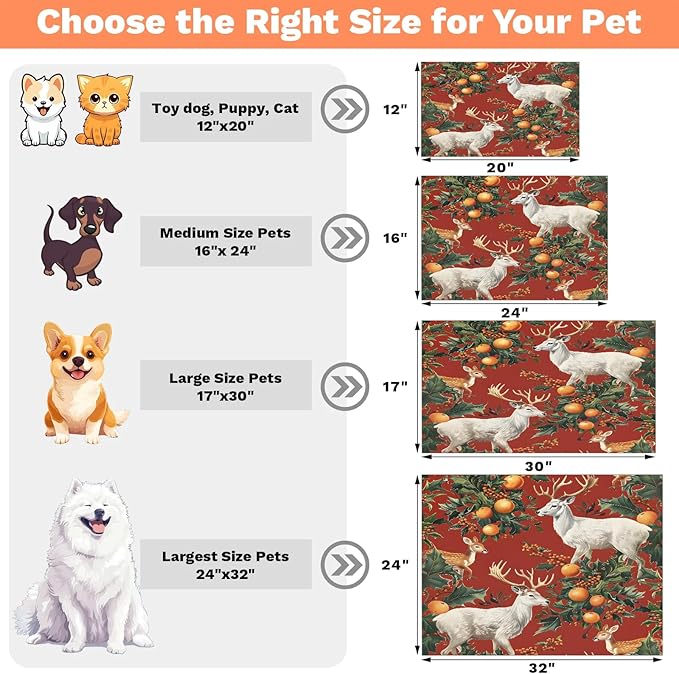 Christmas Deer Dog Food Mat for Floors Absorbent, Quick Dry Water Dispenser Mat for Food, Water, Pet Supplies 16" x 24", Holly Xmas