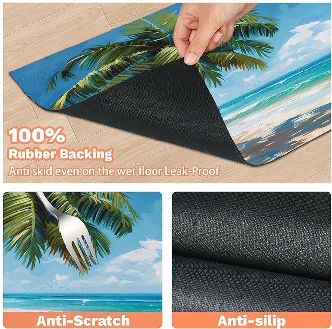 Palm Tree Dog Food Mat for Floors Absorbent, Quick Dry Water Dispenser Mat for Food, Water, Pet Supplies 12" x 20", Ocean Island