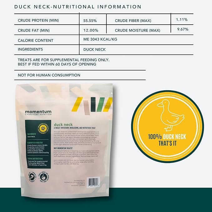 Momentum Carnivore Nutrition Freeze-Dried Duck Neck Dog Treats & Cat Treats – Single-Ingredient, High-Protein, Grain-Free, Natural Crunchy Chew – Made in USA – 3 oz Bag