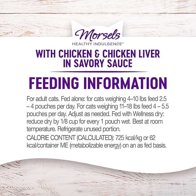 Wellness Healthly Indulgence Morsels Adult Wet Cat Food, Natural, Protein-Rich, Grain-Free, 3 Ounce Pouch, 24 Pack, (Chicken & Chicken Liver)