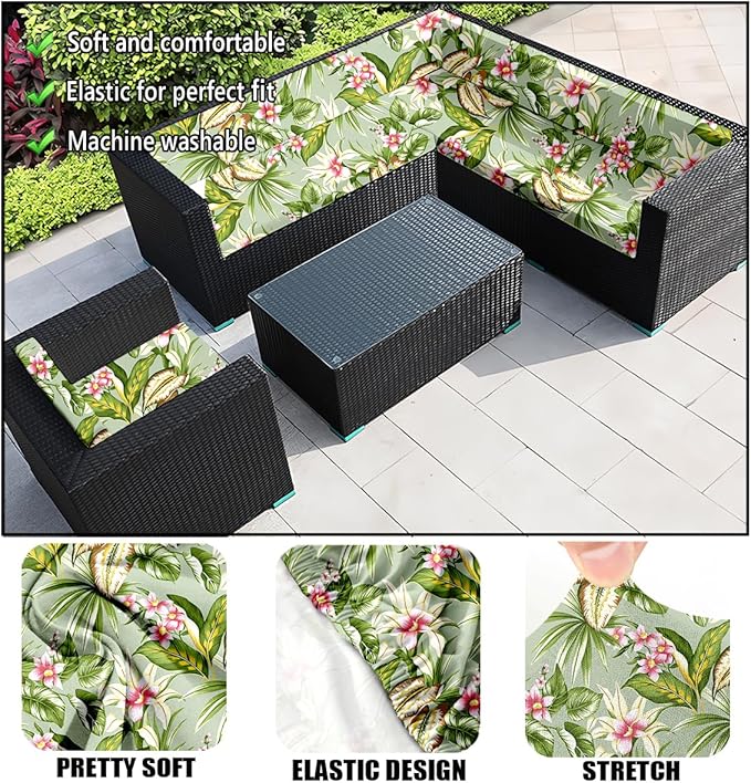 HANDONTIME 8Pcs Outdoor Patio Cushion Covers Green Leaves Pink Floral Stretch Couch Cushion Cover Patio Couch Slipcover for Outdoor Washable Non-Slip Furniture Protector for Pet (Green, Cover Only)