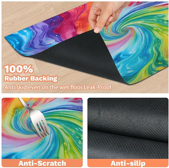 Tie Dye Dog Food Mat for Floors Absorbent, Quick Dry Water Dispenser Mat for Food, Water, Pet Supplies 16" x 24", Boho Colorful