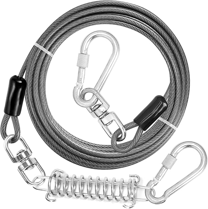 jenico Dog Tie Out Cable, 10/15/20/30/40/50/70/100/150FT Runner Cable with Swivel Hook and Shock Spring, Dog Leash Run Tether for Yard Outdoor and Camping,for Small to Medium Pets Up to 500 LBS