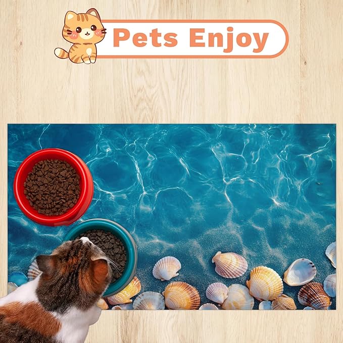 Ocean Seashell Dog Food Mat for Floors Absorbent Dog Bowl Mat for Food and Water Dispenser Quick Dry Cat Food Placemat Pet Supplies 17" x 30", Hawaiian Seaside