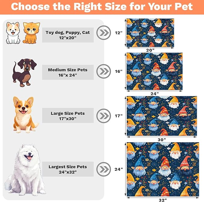 Merry Christmas Dog Food Mat for Floors Absorbent, Quick Dry Water Dispenser Mat for Food, Water, Pet Supplies 12" x 20", Cute Dwarfs