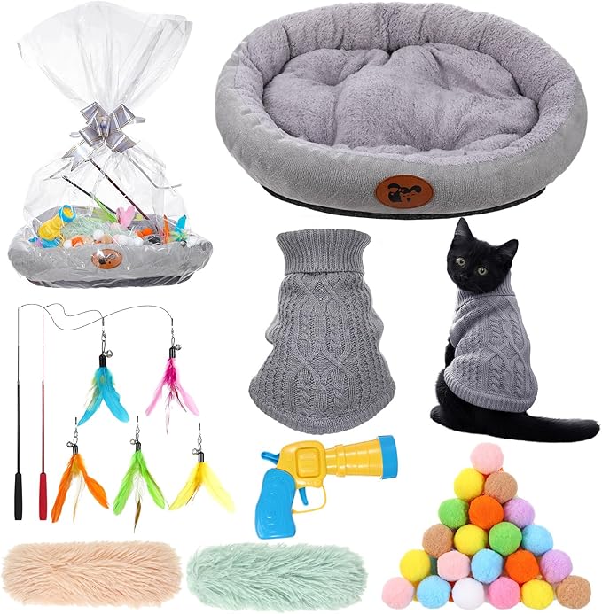 Zopeal 59 Pcs Cat Gift Sets Including Cat Bed Pillows Winter Sweater Interactive Retractable Wand Toy and Feather Toys Launcher Gun with Plush Balls for Pet Lover with Gift Wrapping Bag and Bow