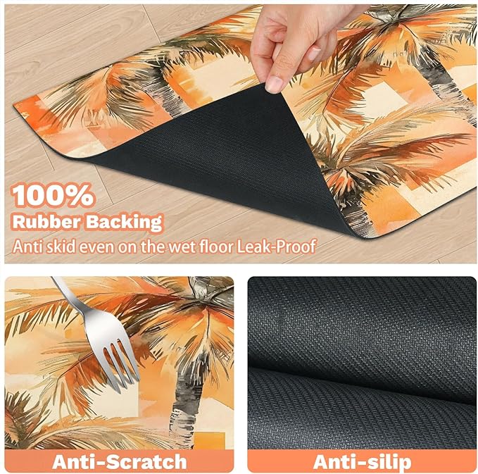 Palm Trees Dog Food Mat for Floors Absorbent, Quick Dry Water Dispenser Mat for Food, Water, Pet Supplies 17" x 30", Orange Hawaii