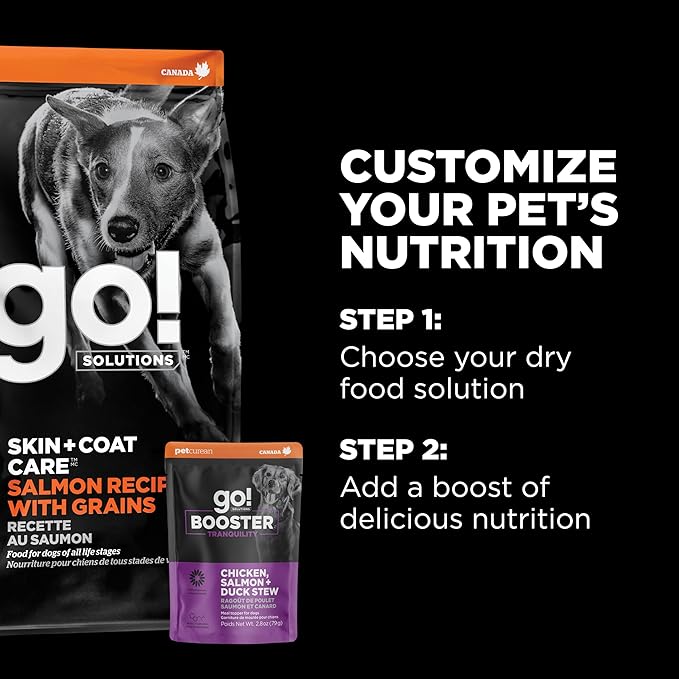 Go! Solutions Tranquility Chicken, Salmon + Duck Stew Gravy Topper for Dry Food with Broth, Healthy Wet Dog Treat to Support a Happy Mood, for Puppies, Adults, & Seniors, 2.8 oz Pouch (12 Pack)