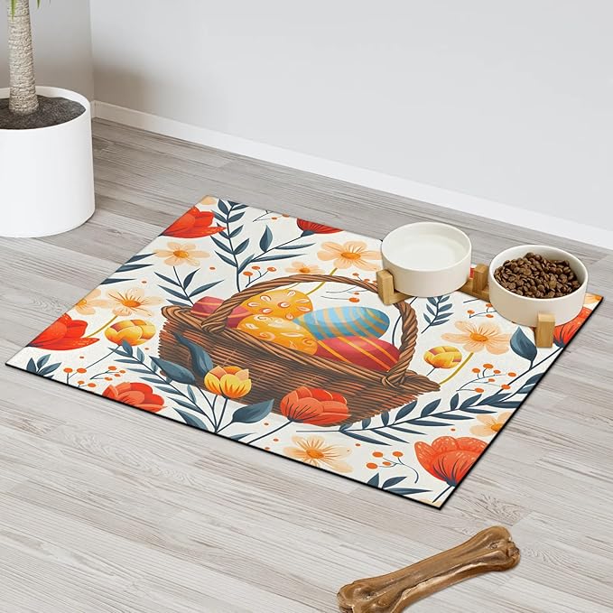 Spring Easter Dog Food Mat for Floors Absorbent Dog Bowl Mat for Food and Water Dispenser Quick Dry Cat Food Placemat Pet Supplies 16" x 24", Flower Egg