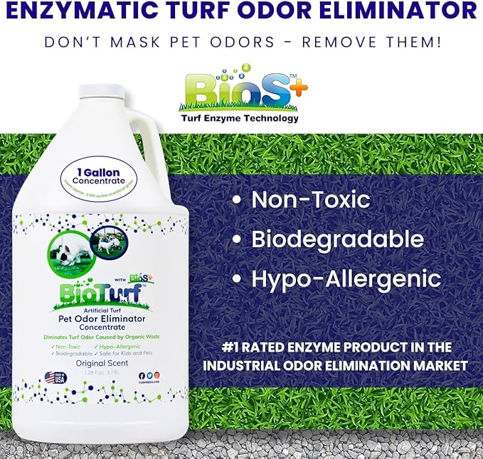BioS+ Odor Eliminator Concentrate - Artificial Turf Cleaner for Dog Urine & Feces - Outdoor Yard Deodorizer Enzyme Odor Eliminator for Fake Grass, Patios, Kennels & Gravel - 1 Gallon