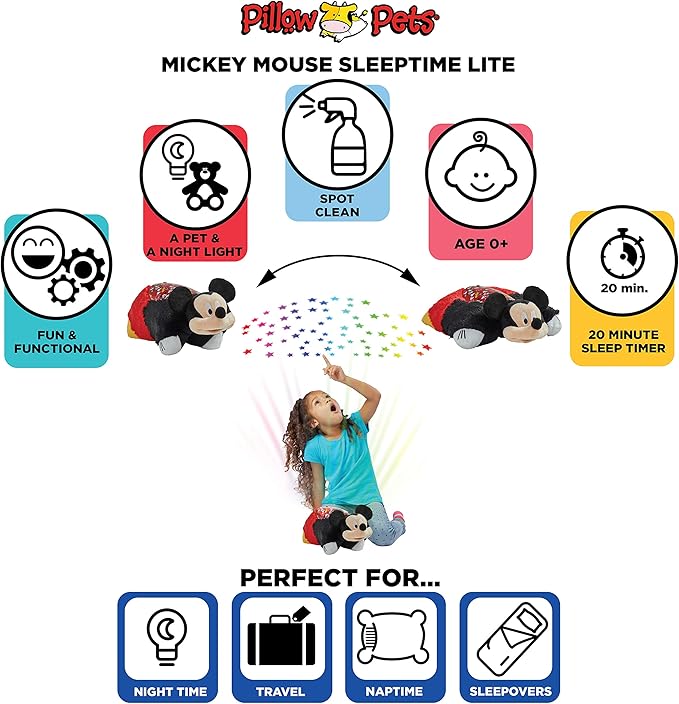 Pillow Pets Disney Mickey Mouse Sleeptime Lite Stuffed Animal Night Light