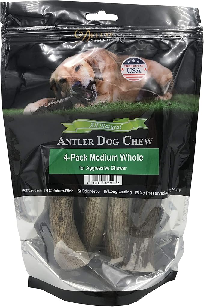 Elk Antler Dog Chews | Long-Lasting A-Grade Premium Elk Antler Chews for Dogs from Naturally Shed Elk Antlers Collected in The USA, Whole, Medium (Pack of 4)