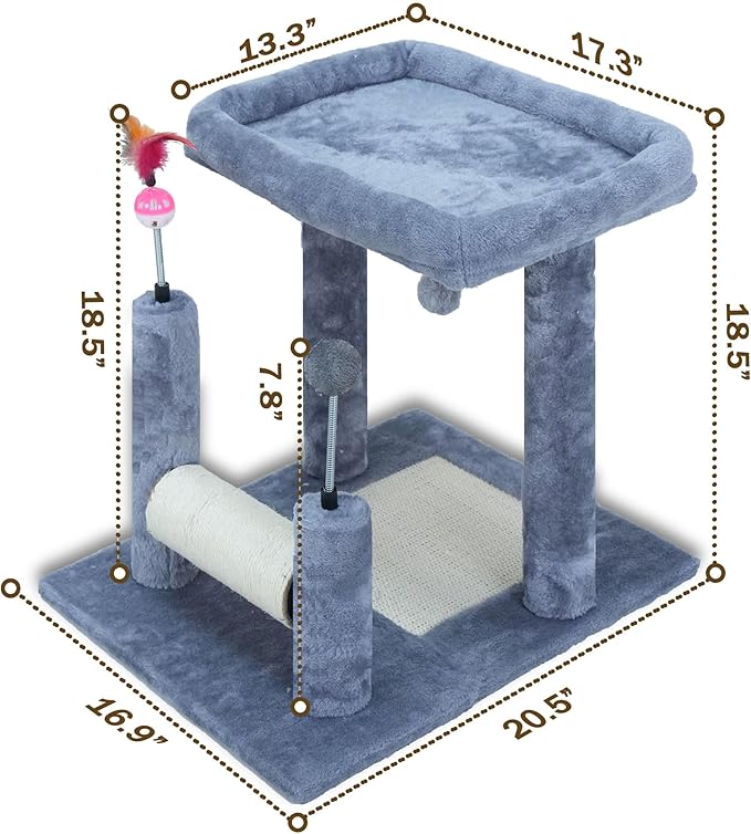 ROYPET Multifunctional Cat Scratching Posts for Indoor Kittens,Cat Scratching Posts for Play and Activity,Scratching Posts with Feather Toys and Plush Perch Bed,Grey