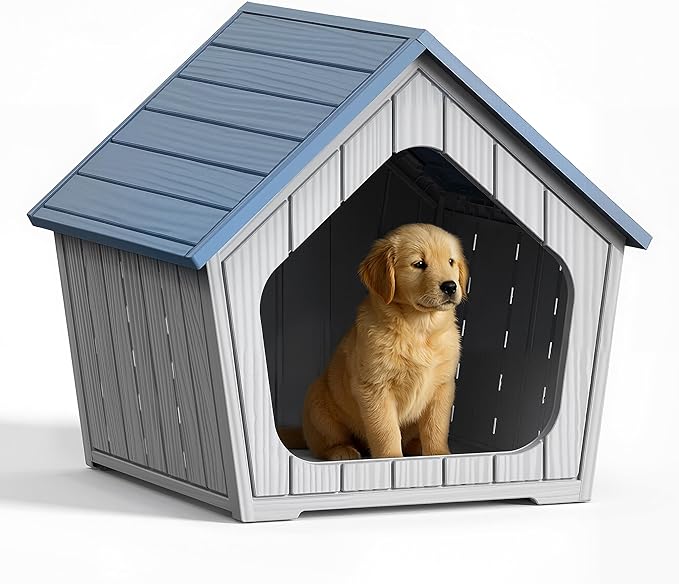 DRATO Dog House Outdoor Indoor Cozy Small Dog Houses Durable Resin Material Houses for Dogs Outside Weatherproof Pet Shelter for Patio, Porch, Living Room (Blue)