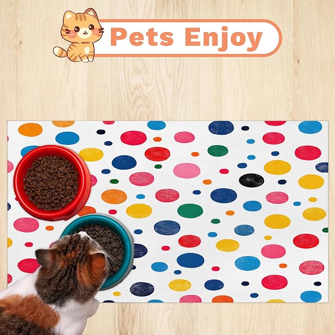Polka Dot Dog Food Mat for Floors Absorbent Dog Bowl Mat for Food and Water Dispenser Quick Dry Cat Food Placemat Pet Supplies 17" x 30", Colorful Circle