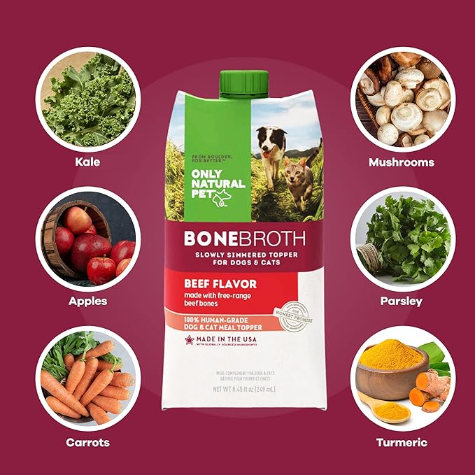 Only Natural Pet Bone Broth Beef Flavor Dog & Cat Meal Topper, 100% Human-Grade Slow-Simmered, Free-Range for Dry Food or to Hydrate Dehydrated Food - (2-Pack / 11.16 oz Each)